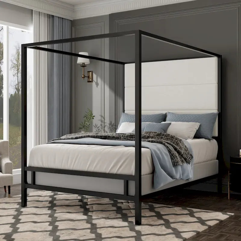 Metal Canopy Bed with Upholstered Wingback Headboard