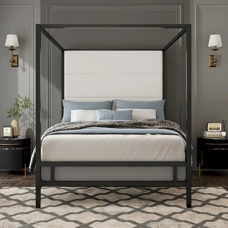 Metal Canopy Bed with Upholstered Wingback Headboard