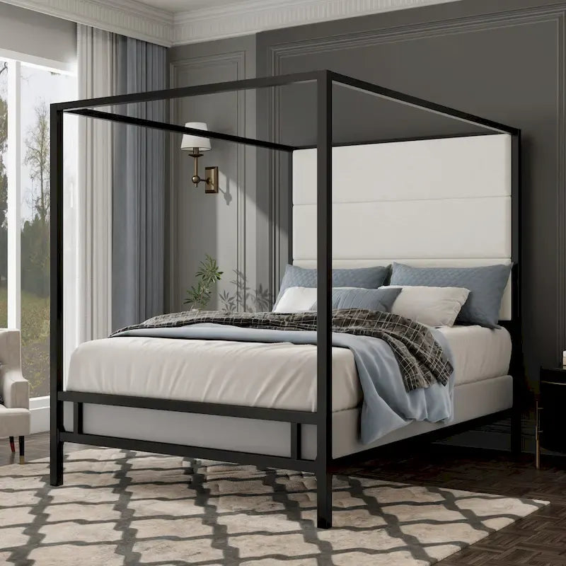 Metal Canopy Bed with Upholstered Wingback Headboard