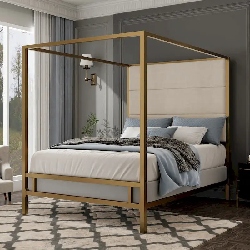 Metal Canopy Bed with Upholstered Wingback Headboard