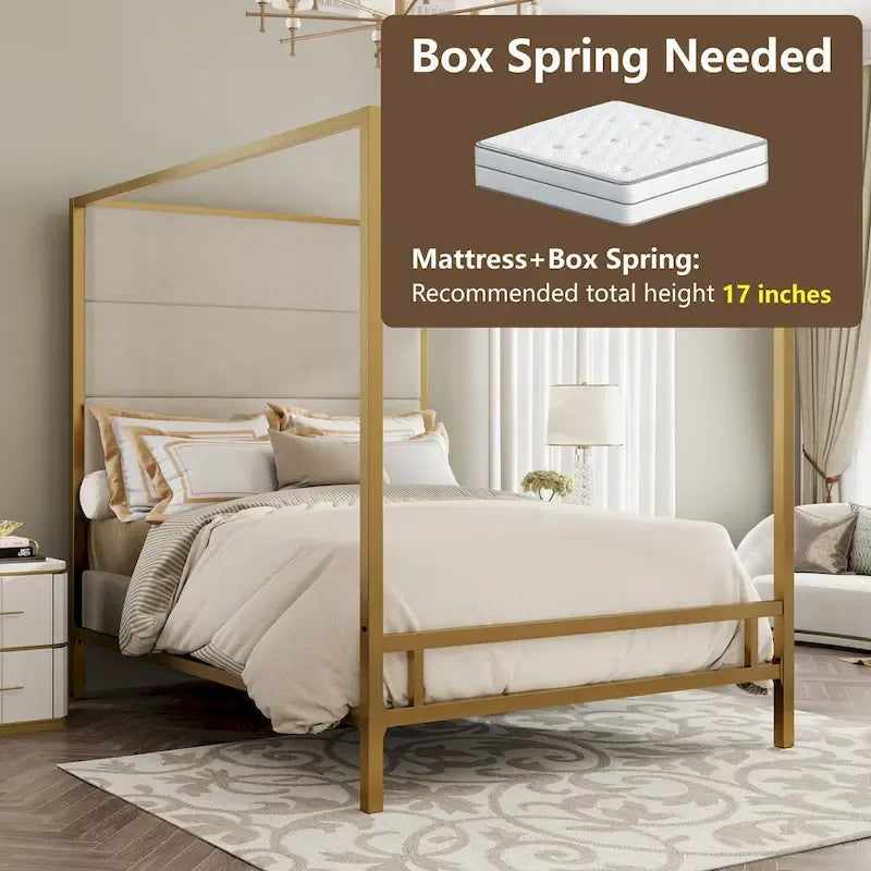 Metal Canopy Bed with Upholstered Wingback Headboard