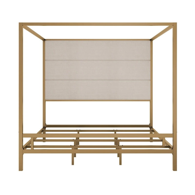 Metal Canopy Bed with Upholstered Wingback Headboard