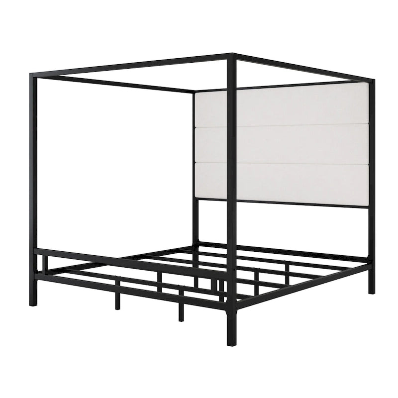 Metal Canopy Bed with Upholstered Wingback Headboard