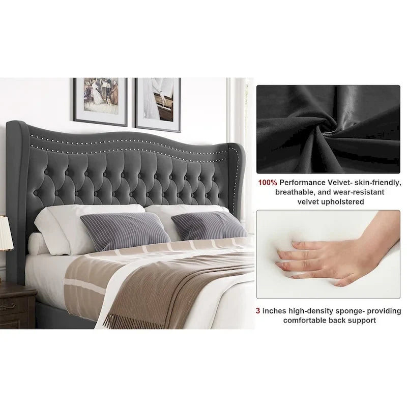 King Size Modern Velvet Platform Bed with Upholstered Headboard