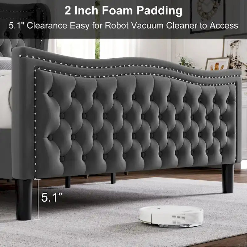 King Size Modern Velvet Platform Bed with Upholstered Headboard