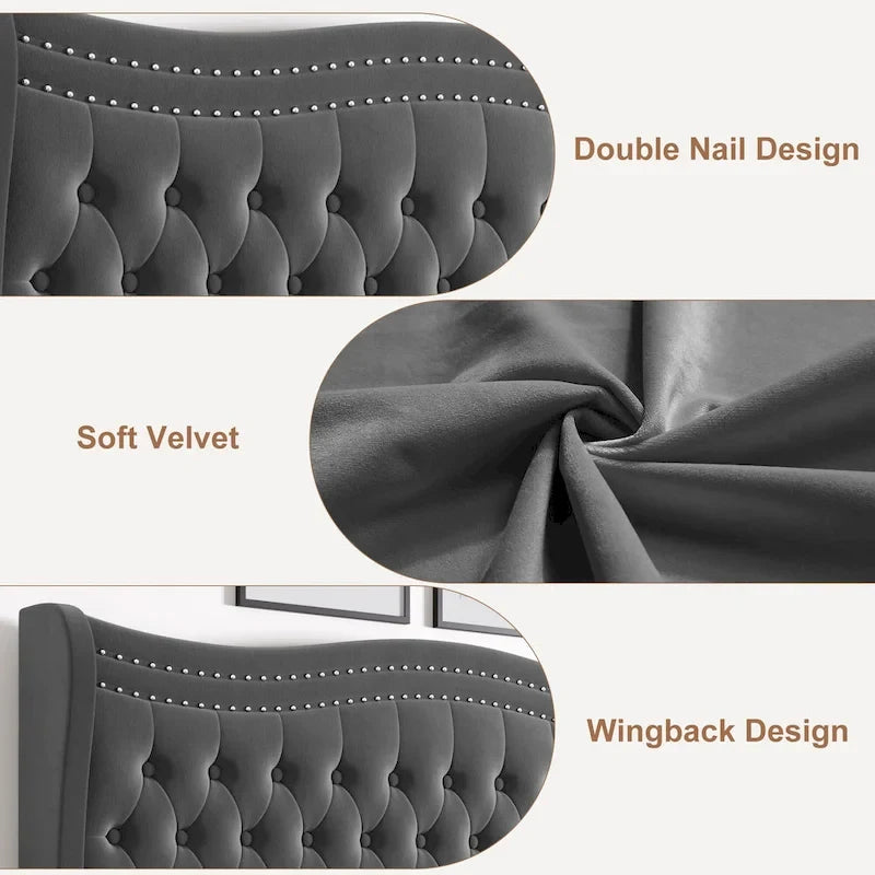 King Size Modern Velvet Platform Bed with Upholstered Headboard