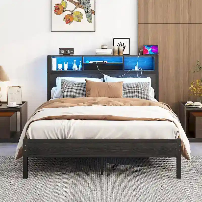 Full Size Metal Platform Bed with LED Storage Headboard and Charging Station