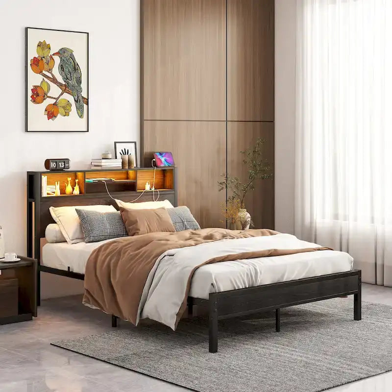 Full Size Metal Platform Bed with LED Storage Headboard and Charging Station