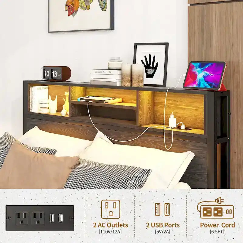 Full Size Metal Platform Bed with LED Storage Headboard and Charging Station