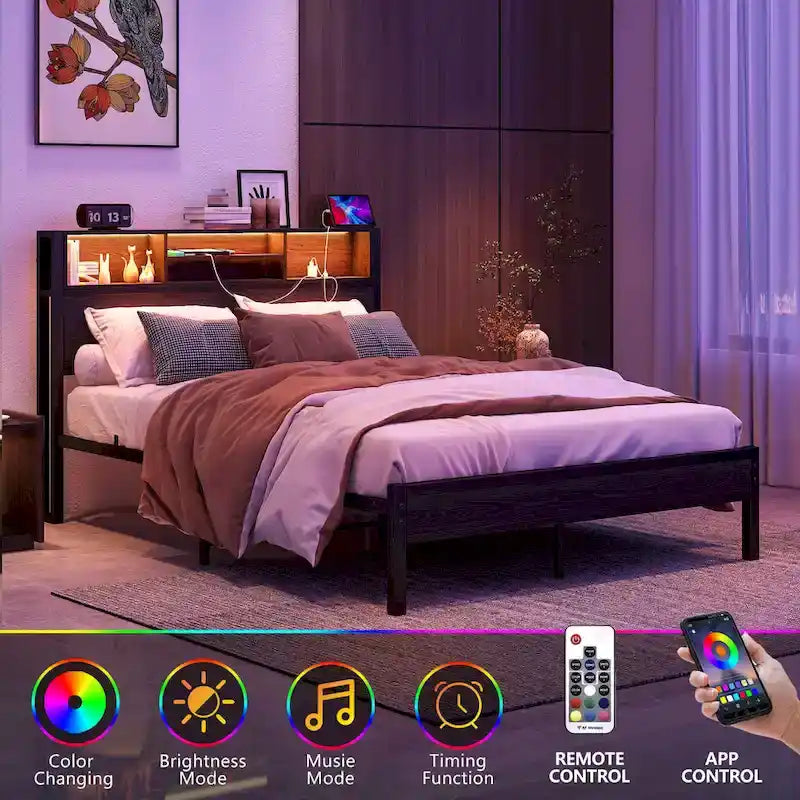 Full Size Metal Platform Bed with LED Storage Headboard and Charging Station