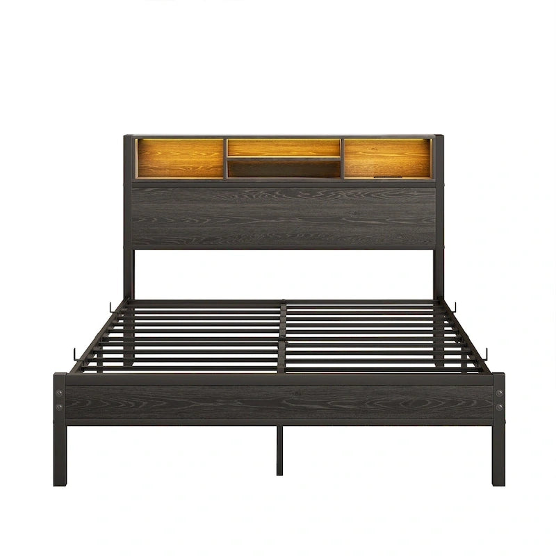 Full Size Metal Platform Bed with LED Storage Headboard and Charging Station