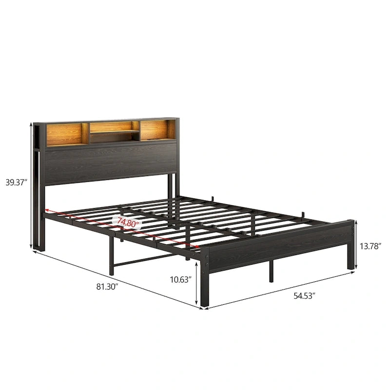 Full Size Metal Platform Bed with LED Storage Headboard and Charging Station