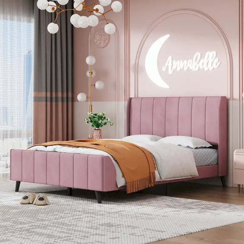 Full Size Pink Velvet Upholstered Wingback Bed