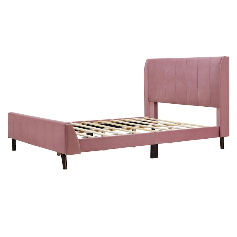 Full Size Pink Velvet Upholstered Wingback Bed
