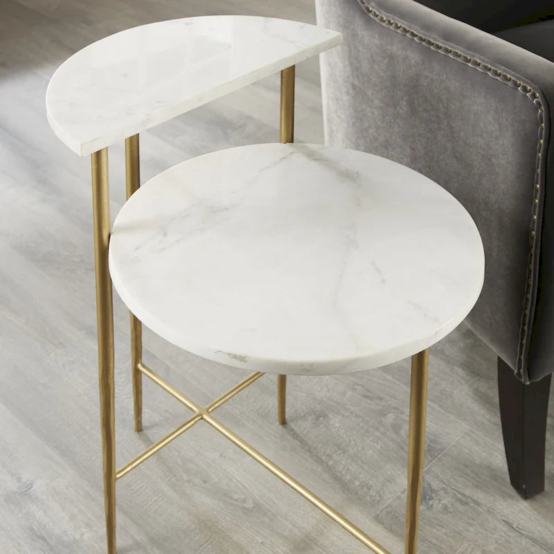 Two-Tier White Marble Accent Table with Brass-Tone Legs