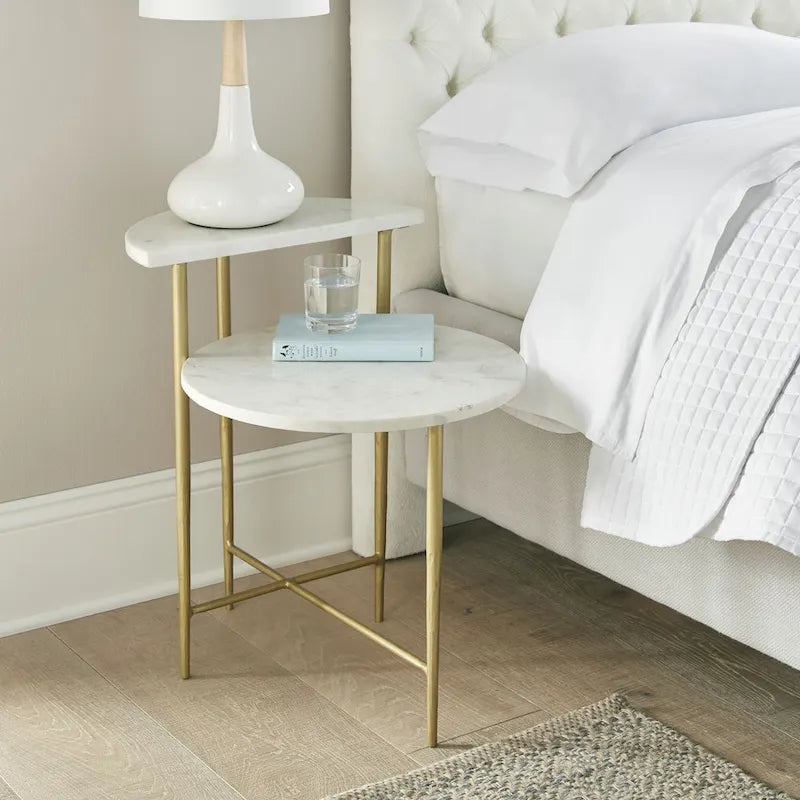 Two-Tier White Marble Accent Table with Brass-Tone Legs