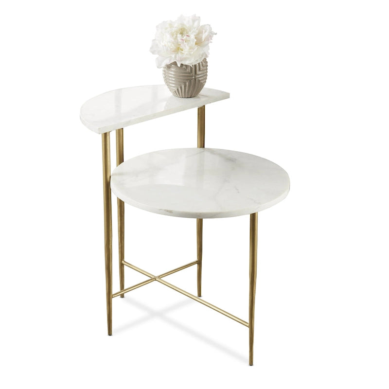 Two-Tier White Marble Accent Table with Brass-Tone Legs