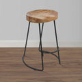 24 Inch Handcrafted Backless Barstool, Natural Brown Mango Wood Thick Saddle Seat, Black Iron Base