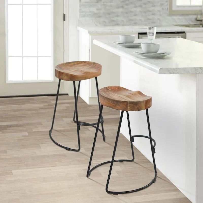 24-Inch Backless Mango Wood Barstool with Black Iron Base