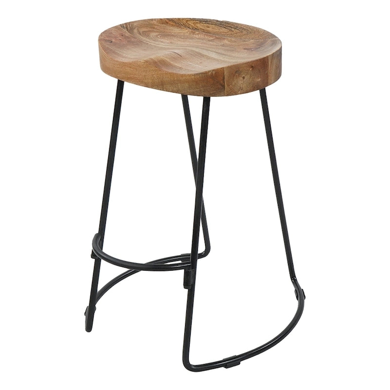 24-Inch Backless Mango Wood Barstool with Black Iron Base