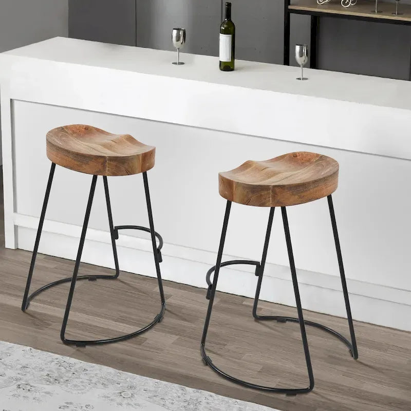 24-Inch Backless Mango Wood Barstool with Black Iron Base