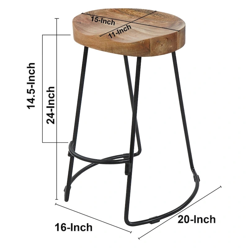 24-Inch Backless Mango Wood Barstool with Black Iron Base