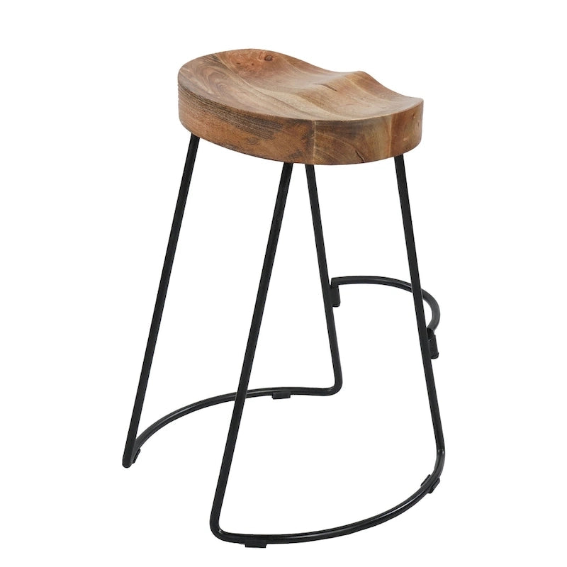 24-Inch Backless Mango Wood Barstool with Black Iron Base