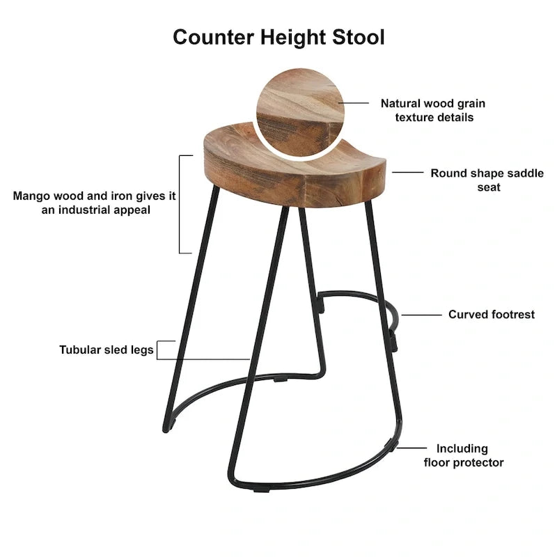 24-Inch Backless Mango Wood Barstool with Black Iron Base
