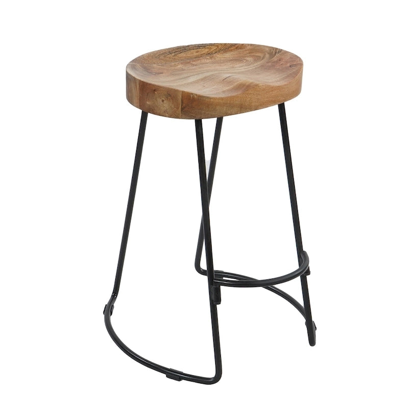 24-Inch Backless Mango Wood Barstool with Black Iron Base