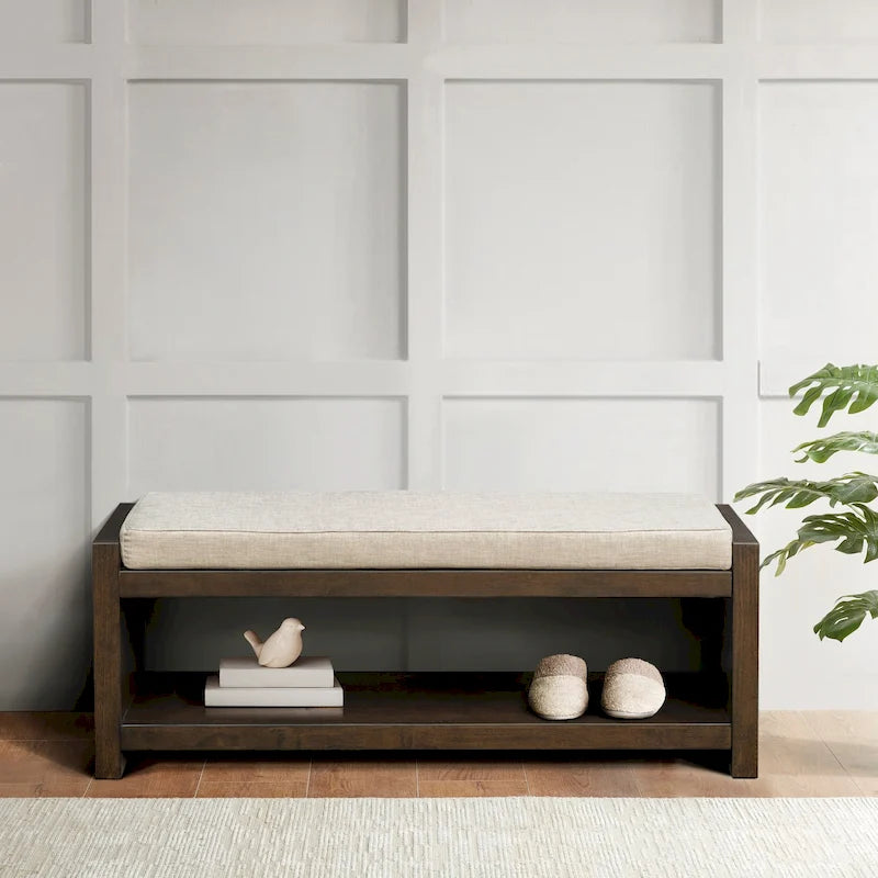 48-Inch Cushioned Wood Bench with Lower Shelf