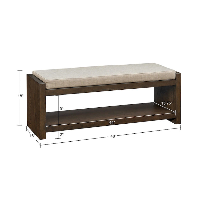 48-Inch Cushioned Wood Bench with Lower Shelf