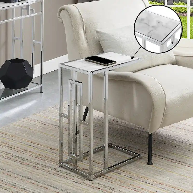 Chrome C-Shaped End Table with Faux Marble Top
