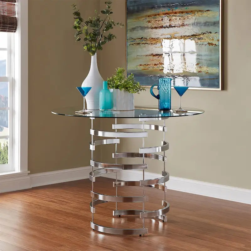 47.3-Inch Round Glass Counter-Height Table with Sculptural Metal Base