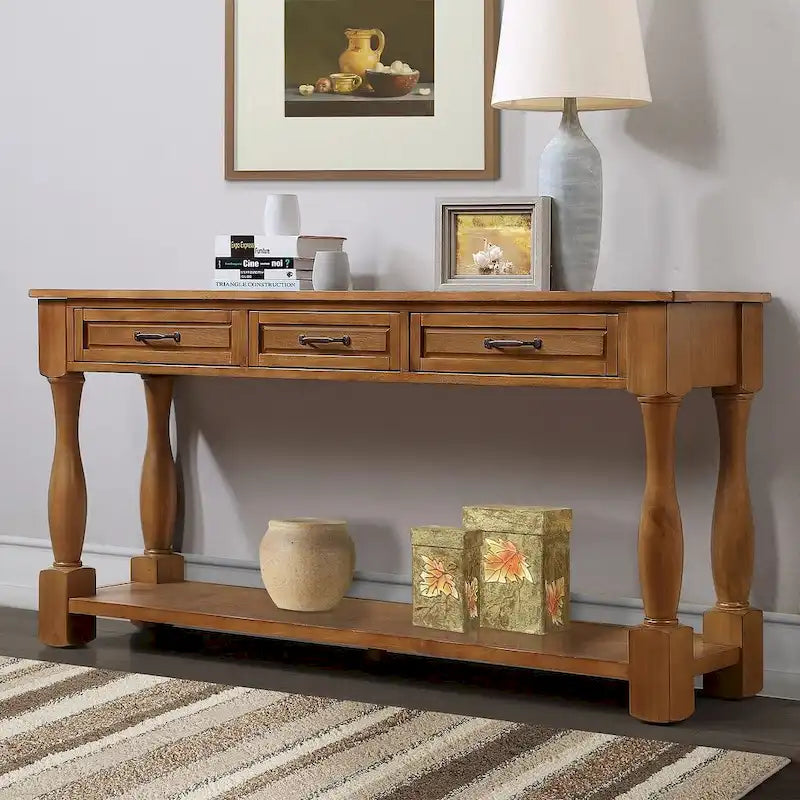 63.38-Inch Console Table with Three Drawers and Bottom Shelf