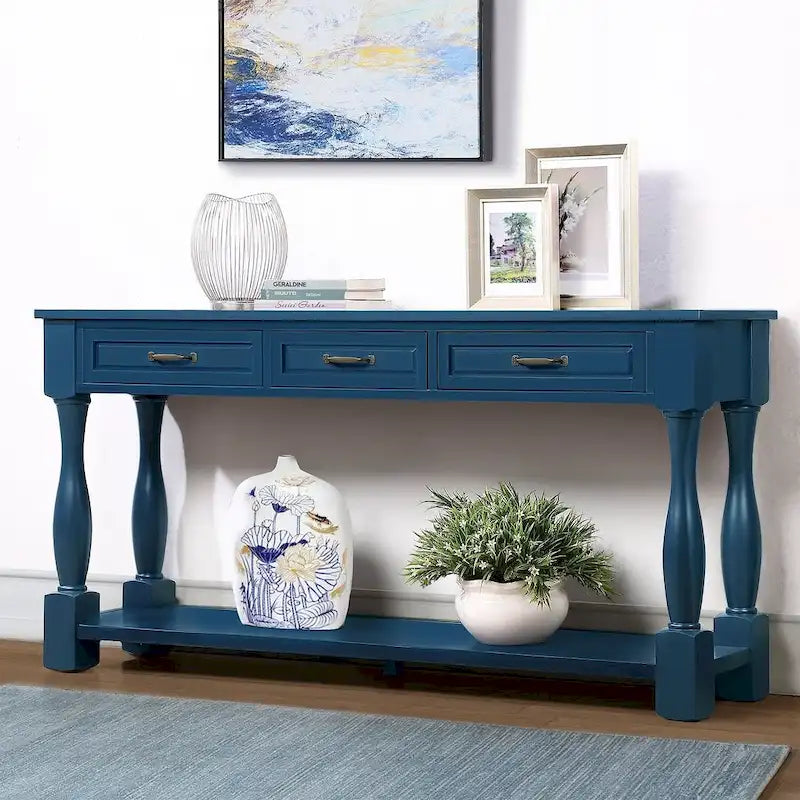 63.38-Inch Console Table with Three Drawers and Bottom Shelf