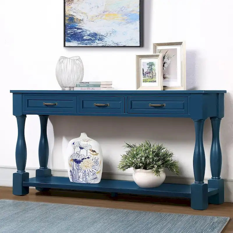 63.38-Inch Console Table with Three Drawers and Bottom Shelf