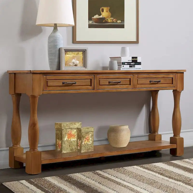 63.38-Inch Console Table with Three Drawers and Bottom Shelf