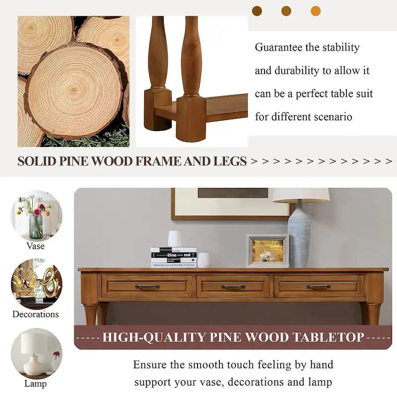 63.38-Inch Console Table with Three Drawers and Bottom Shelf