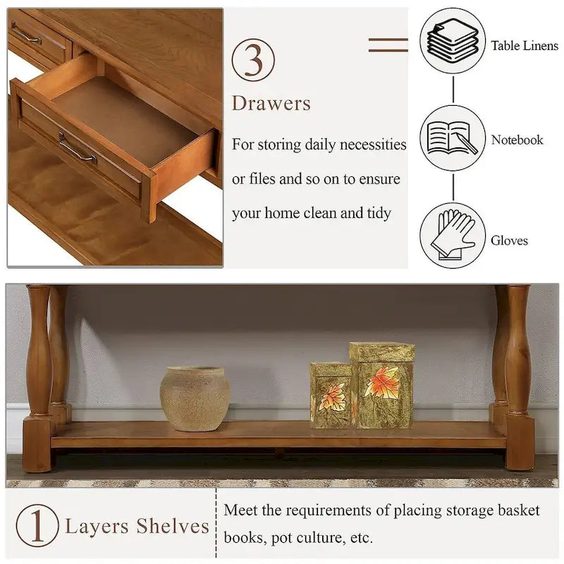 63.38-Inch Console Table with Three Drawers and Bottom Shelf