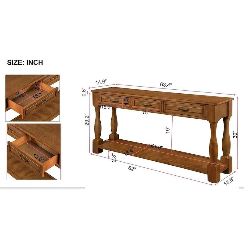 63.38-Inch Console Table with Three Drawers and Bottom Shelf
