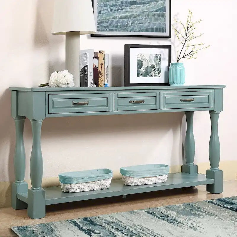 63.38-Inch Console Table with Three Drawers and Bottom Shelf