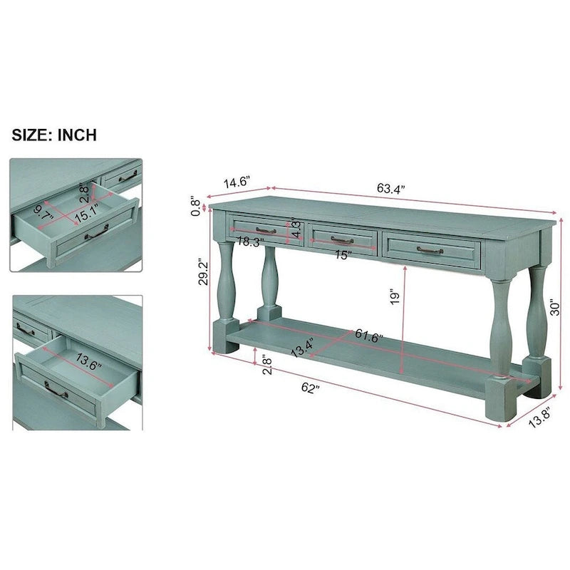 63.38-Inch Console Table with Three Drawers and Bottom Shelf
