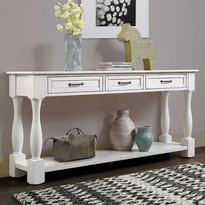 63.38-Inch Console Table with Three Drawers and Bottom Shelf