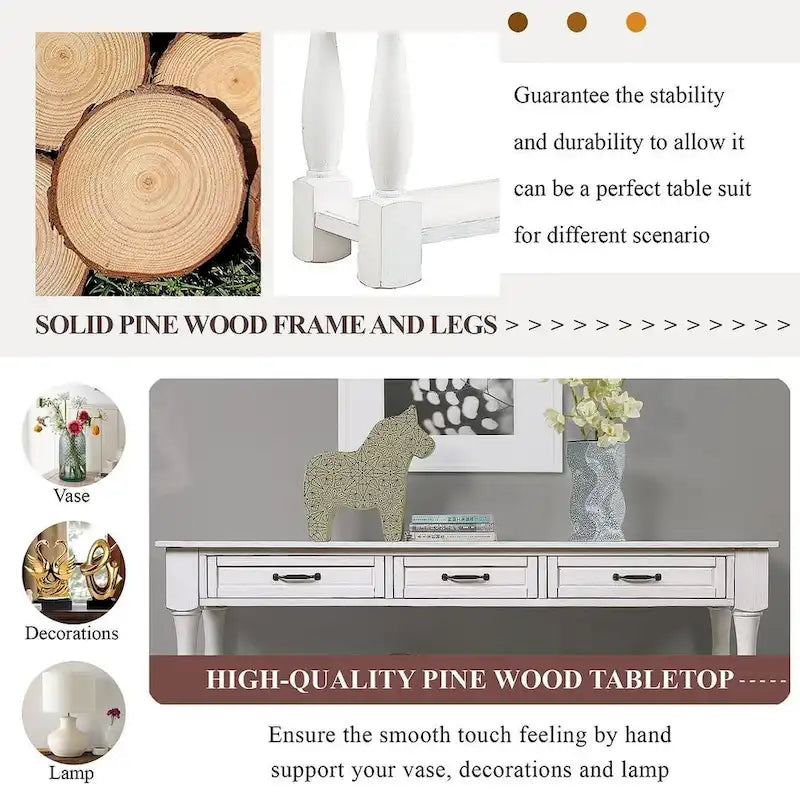 63.38-Inch Console Table with Three Drawers and Bottom Shelf