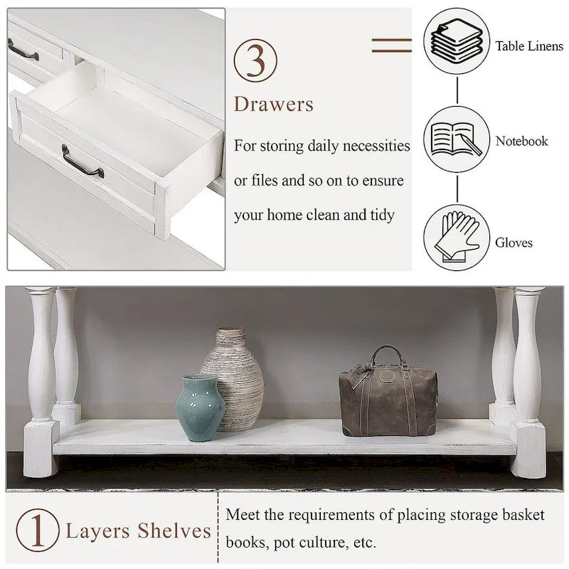 63.38-Inch Console Table with Three Drawers and Bottom Shelf