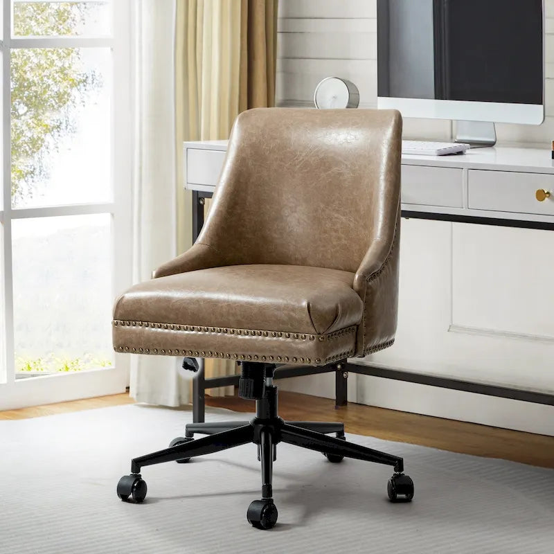 Height-Adjustable Faux Leather Swivel Task Chair with Nailhead Trim