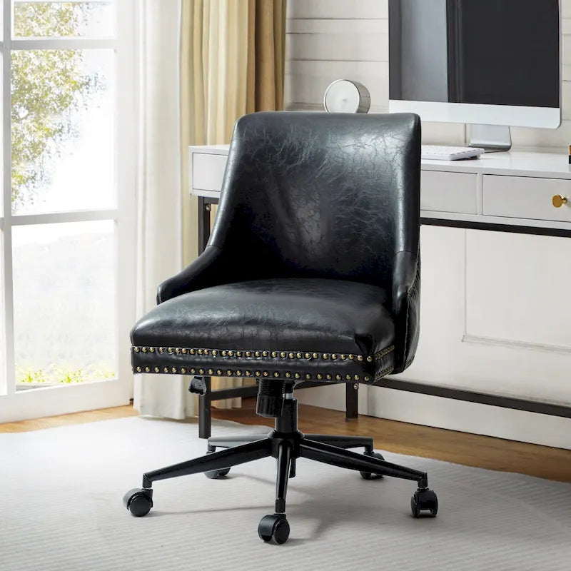 Height-Adjustable Faux Leather Swivel Task Chair with Nailhead Trim
