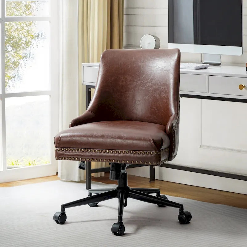 Height-Adjustable Faux Leather Swivel Task Chair with Nailhead Trim
