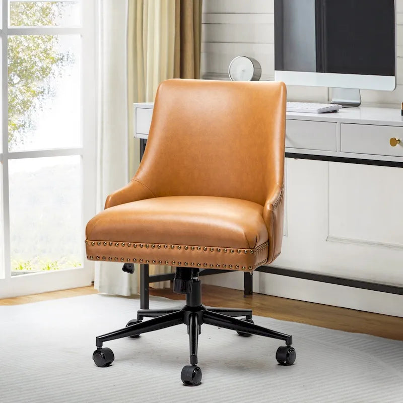 Height-Adjustable Faux Leather Swivel Task Chair with Nailhead Trim
