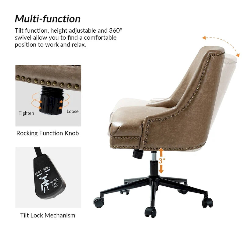 Height-Adjustable Faux Leather Swivel Task Chair with Nailhead Trim